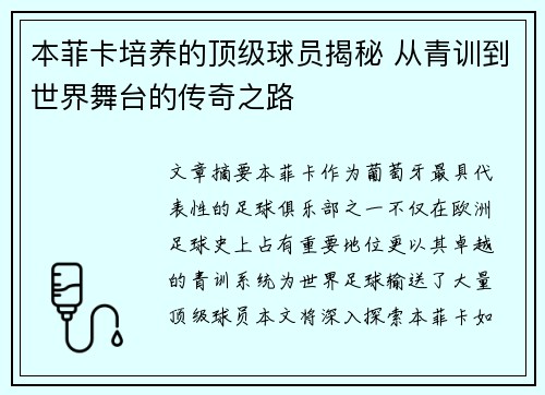 本菲卡培养的顶级球员揭秘 从青训到世界舞台的传奇之路