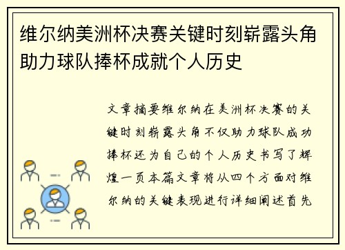 维尔纳美洲杯决赛关键时刻崭露头角助力球队捧杯成就个人历史