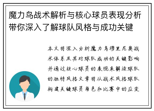 魔力鸟战术解析与核心球员表现分析带你深入了解球队风格与成功关键